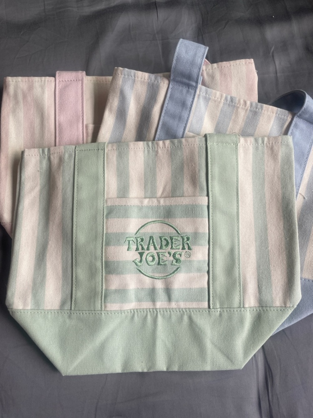 Trader Joe's Mint Green Striped Canvas Tote Bag